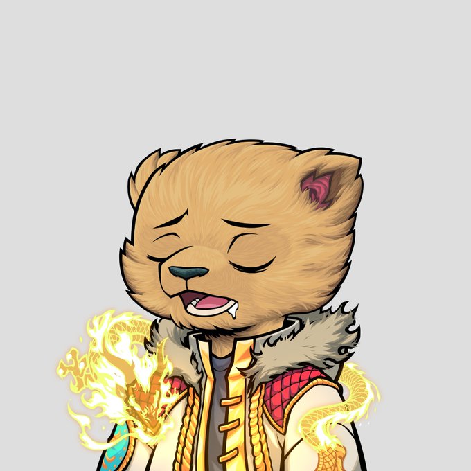 A cartoon illustration of a bear-like anthropomorphic character with closed eyes and an open mouth, wearing an ornate red and gold outfit with fur trim, surrounded by glowing golden dragon flames.
