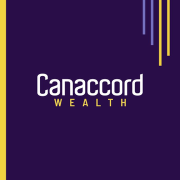 A dark purple logo for 'Canaccord Wealth' with decorative vertical yellow and blue lines.