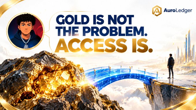 An AuroLedger promotional graphic features an illustrated character, a gold rock, and a bridge leading to a futuristic city, with the text "GOLD IS NOT THE PROBLEM. ACCESS IS."