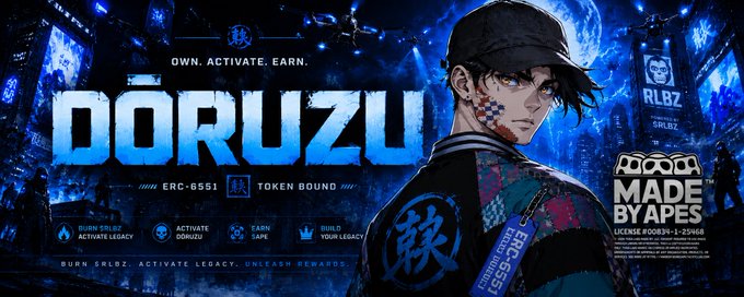 A promotional banner for 'DORUZU' featuring an anime-style male character, with text including 'OWN. ACTIVATE. EARN.', 'ERC-6551', 'TOKEN BOUND', 'MADE BY APES', and 'LICENSE #00039-1-2568'.