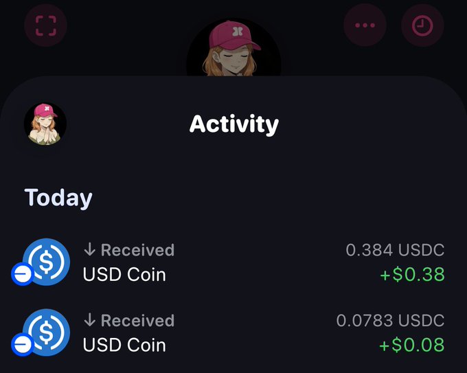 A mobile app screen showing an 'Activity' page for a user with a pink cap avatar, displaying two received USD Coin transactions of 0.384 USDC (+$0.38) and 0.0783 USDC (+$0.08) for the day.