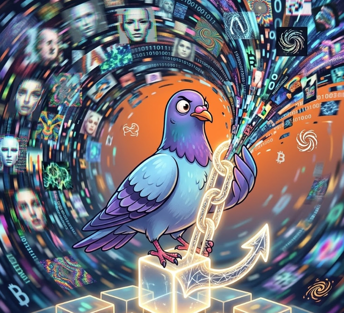 The image features a cartoon pigeon holding onto an anchor that has a chain attached to it, surrounded by various digital elements such as numbers and letters. The caption above the image reads "AI is an engine of infinite digital abundance, while crypto is the anchor of absolute digital scarcity. Without blockchain to verify what is genuine, the AI-driven world will eventually drown in its own noise." This artwork seems to be related to a post about cryptocurrency or AI on social media platforms.