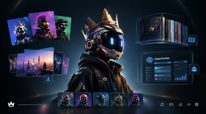 A digital artwork featuring a futuristic character with a robotic helmet and crown, surrounded by NFT-style cards, a CyberCortex dashboard, and game interface elements.