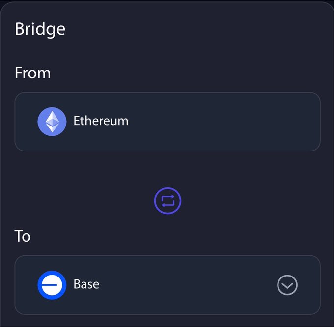 A dark-themed "Bridge" interface shows Ethereum selected in the "From" field and Base selected in the "To" field, with a swap icon in the middle—visually representing the fxUSD bridge's ability to move liquidity between the two chains.