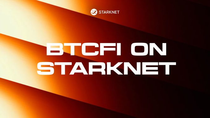 A promotional graphic with a dark orange and black gradient background displays the Starknet logo and the bold white text 'BTCFI ON STARKNET'.