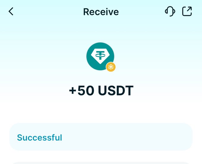 A mobile app screenshot showing a successful cryptocurrency transaction to receive "+50 USDT" with the Tether logo prominently displayed and "Successful" status.
