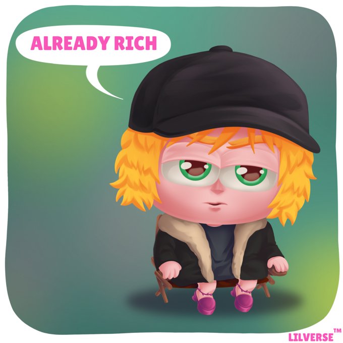 A cartoon character with orange hair and a black cap sits on a stool with a speech bubble declaring "ALREADY RICH," responding sarcastically to concerns about a $9 mint price. The "LILVERSE™" watermark in the corner suggests this is NFT-related, with the image playfully mocking those who question the low price by implying the project's value is already secured.