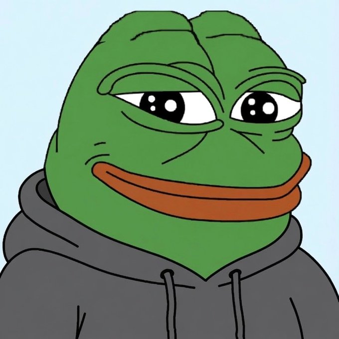 A cartoon illustration of a green Pepe the Frog character with half-lidded eyes, smiling, and wearing a black hoodie against a light blue background.