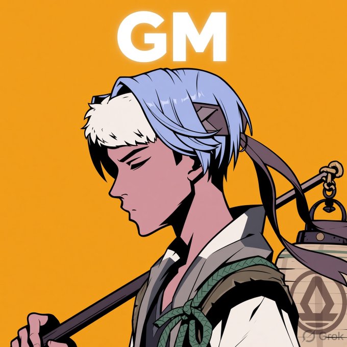 An anime-style illustration of a character with blue hair, closed eyes, and animal ears, carrying a staff with a lantern, set against an orange background with the large letters 'GM' above.