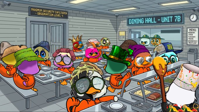 A cartoon illustration depicts various quirky duck characters dressed as prisoners in orange jumpsuits sitting at cafeteria tables in a "DINING HALL - UNIT 7B" at a "MAXIMUM SECURITY CAFETERIA - OBSERVATION LEVEL: 4," with a menu showing meals for Monday through Wednesday. The "Yucky Ducks" characters, identifiable by their whimsical accessories like crowns, hats, and wigs, appear in line with the post's promotion to purchase two of these collectible NFTs for a chance to win a MAYC or OG Quirkie.