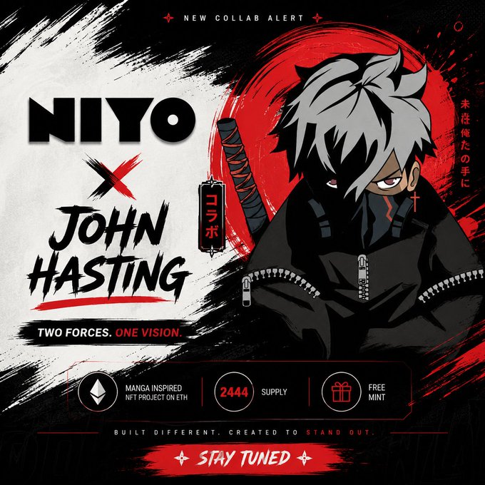 The image features a cartoon character, possibly of a young boy or girl with a distinct style, wearing a black outfit and holding a sword. The background has various elements such as red and white brush strokes giving it an artistic feel. The main focus is on the cartoon character, which appears to be a fan-made illustration rather than an original artwork.

The image also contains text that reads "NIYO X John Hasting" and "Two Forces One Vision", which seem to be related to their collaboration or partnership in creating this unique artwork. Additionally, there is another piece of information on the right side stating "Stay tuned".