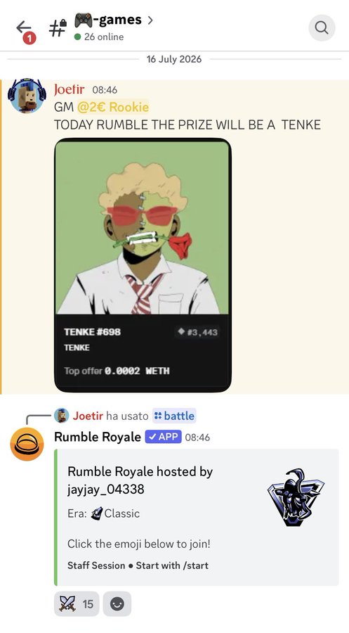 A Telegram chat screenshot from the #🎮games channel (26 online) dated 16 July 2026, where user Joetir posts 'GM @2€ Rookie' and 'TODAY RUMBLE THE PRIZE WILL BE A TENKE,' showing NFT #698 'TENKE' with a top offer of 0.0002 WETH, followed by an invitation to a Rumble Royale battle.