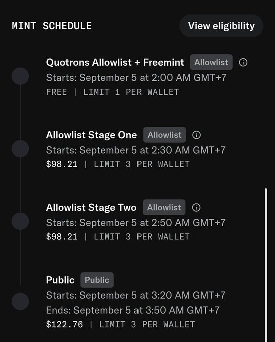 A mint schedule for "Quotrons" shows four phases on September 5 GMT+7: an Allowlist + Freemint (free, 1 per wallet), Allowlist Stages One and Two ($98.21, 3 per wallet each), and a Public sale ($122.76, 3 per wallet, 3:20–3:50 AM), providing context for the post's discussion of a new HAUS ecosystem "experiment" launching on Robinhood and helping viewers evaluate whether to participate.