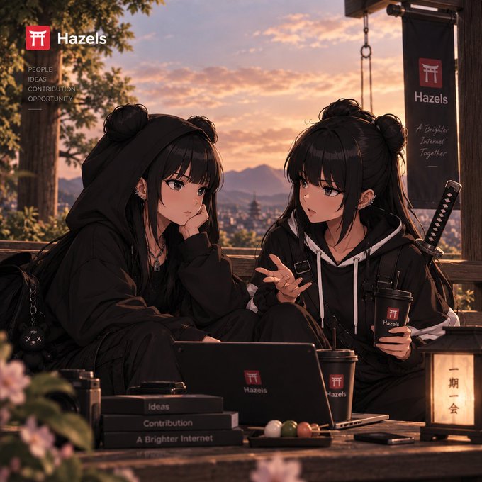 An anime-style illustration of two girls in black hoodies working on a laptop with 'Hazels' branding, with text including 'PEOPLE', 'IDEAS', 'CONTRIBUTION', and 'OPPORTUNITY'.
