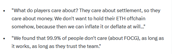 A screenshot showing two bullet points of text discussing player motivations regarding settlement, money, and trust in a project labeled 'FOCG'.