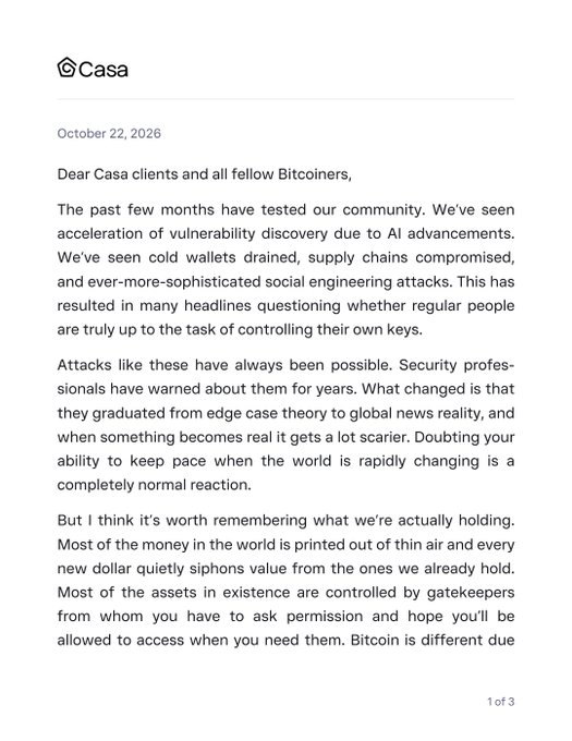 A page from a Casa open letter to the Bitcoin ecosystem, dated October 22, 2026. It opens, “Dear Casa clients and all fellow Bitcoiners,” and reflects on recent wallet hacks, social-engineering attacks, and distrust in self-custody.