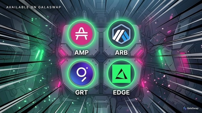 Promotional graphic for GalaSwap displaying four cryptocurrency token logos (AMP, ARB, GRT, and EDGE) in a futuristic, neon-lit space-themed design, with "AVAILABLE ON GALASWAP" text in the top left corner, matching the announcement that these tokens are now tradeable on the platform.