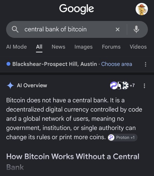 A Google search for "central bank of bitcoin" returns an AI Overview stating "Bitcoin does not have a central bank," which the post contests, arguing that Bitcoin does in fact have a central authority. The image shows this AI-generated response contradicting the poster's claim.