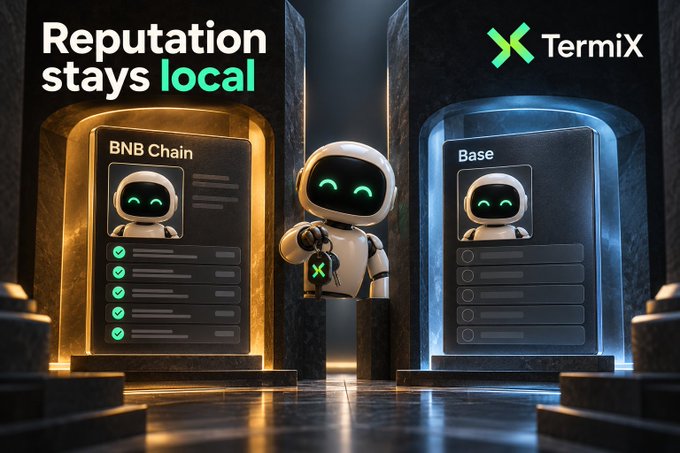 A promotional advertisement for TermiX featuring a cute robot character standing between two futuristic portals for 'BNB Chain' and 'Base,' with the tagline 'Reputation stays local' highlighting cross-chain reputation management.