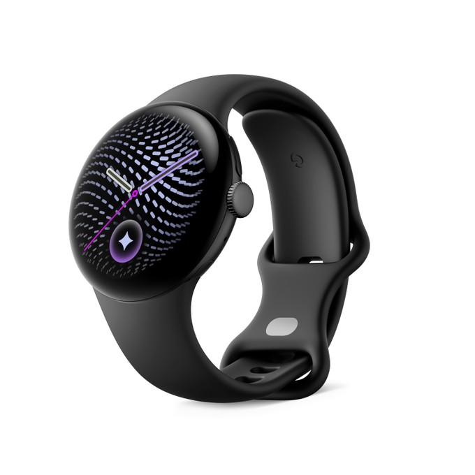 A black smartwatch with a round face displaying a purple and white patterned watch face with analog hands is shown against a white background.