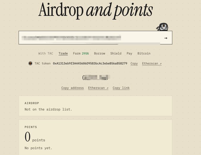 A screenshot of a crypto/airdrop page titled 'Airdrop and points' showing TAC token information with a wallet address, showing '0 points' and 'Not on the airdrop list.'