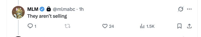 A tweet from MLM (@mLmabc) stating "They aren't selling," with 24 likes and 1.5K views, suggesting holders are holding strong—aligning with the post's call to send $HYPE to $70.