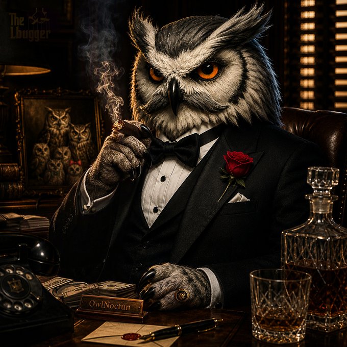 An artistic illustration of an anthropomorphic owl wearing a black tuxedo with a red rose, smoking a cigar while seated at a desk with a whiskey glass and a phone, signed 'The Lbugger' with a plaque reading 'OwlNoctun'.