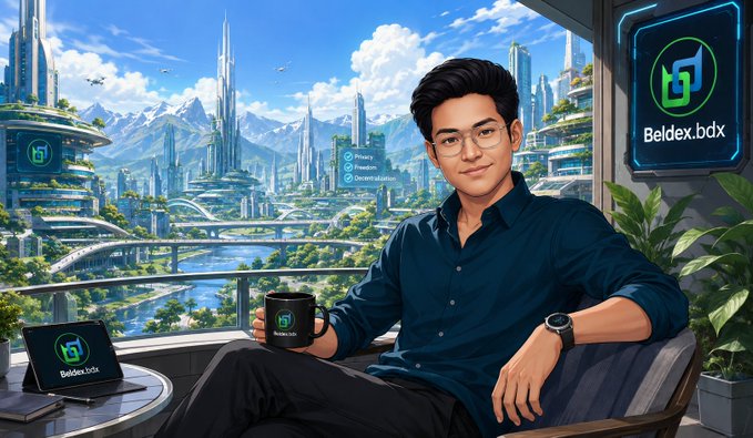 A young man relaxes on a balcony overlooking a futuristic eco-city, holding a "Beldex.bdx" mug, with a laptop and neon Beldex logo visible nearby — visually tying the relaxed, privacy-focused vibe of the AMA discussion about Beldex's no-visibility support model to the project's branding.