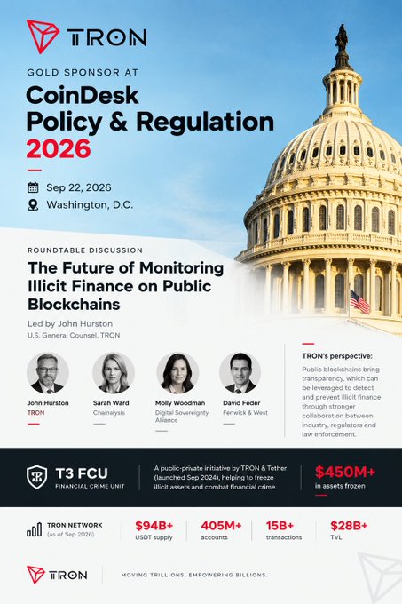 A promotional graphic for TRON as Gold Sponsor at the CoinDesk Policy & Regulation 2026 event in Washington, D.C., featuring a roundtable discussion on monitoring illicit finance on public blockchains.
