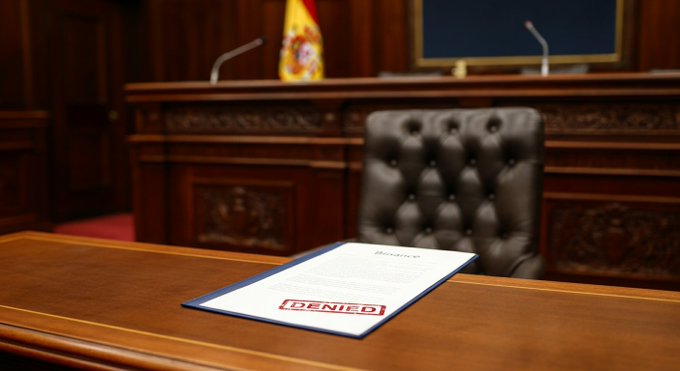 A document stamped with a red 'DENIED' mark rests on a wooden desk in what appears to be a courtroom, with a leather chair and a Spanish flag in the blurred background.