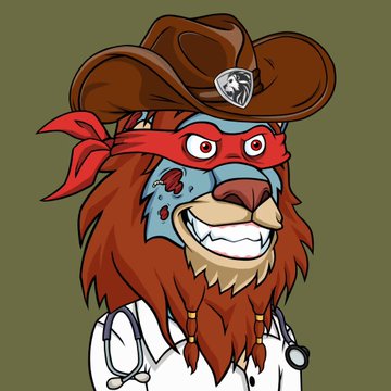 A cartoon illustration of a lion wearing a brown cowboy hat with a badge, a red bandana mask, and a white doctor's coat with a stethoscope, grinning menacingly.