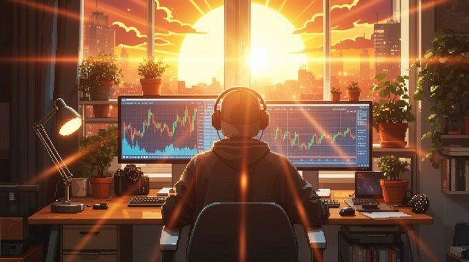 An anime-style illustration of a person wearing headphones viewed from behind, sitting at a desk with two monitors displaying trading charts, with a bright sunset and city skyline visible through the window.