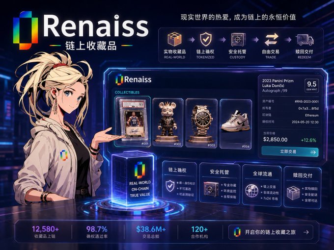 A promotional graphic for 'Renaiss' features an anime-style blonde woman presenting 'chain collectibles,' showcasing items like a Luka Dončić trading card and watches, with stats including 12,580+ collections and $38.6M+ transaction volume.