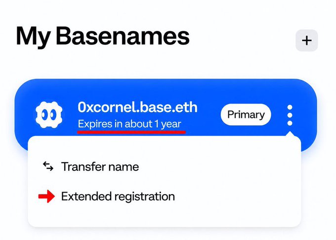 The image shows a screenshot of a computer screen displaying a user interface for a name management system, specifically for Base names. The main focus of the scene is an option menu that reads "→ Extended registration" at the top left corner. Below this, there are multiple options such as transferring a name and extending its registration period. 

The image also includes text related to the importance of maintaining base names, including advice on how to refresh your status if needed and avoiding the consequences of forgetting or neglecting your Base name. The prompt at the bottom suggests that it is a friendly reminder for users who have their Base name expiry date coming up soon.