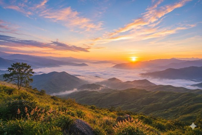 The image shows a beautiful mountain landscape with a sunset over the mountains, creating a stunning backdrop for the scene. The sun is setting behind the mountains, casting a warm glow across the sky as the clouds are scattered throughout the frame. In the foreground, there's a tree and some rocks that add to the natural beauty of the scene. The image also contains text elements such as "gm another day another chance to make it in crypto @useTria x @wallchain".