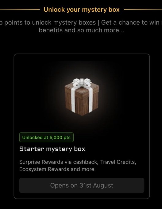 Mobile app screen showing 'Unlock your mystery box' with a 'Starter mystery box' unlocked at 5,000 pts, featuring surprise rewards via cashback, travel credits, and ecosystem rewards, opening on 31st August.