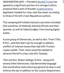 A news article excerpt discussing President Donald Trump and a proposed cryptocurrency bill, mentioning senators Tillis, Gallego, R-Ariz., and the sweeping bill's provisions.