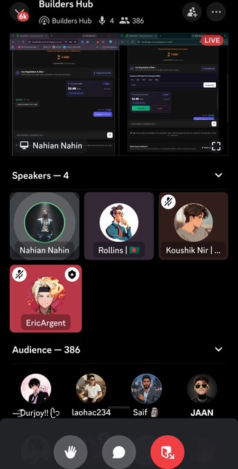 A Discord-style 'Builders Hub' voice channel screen showing a live stream with speakers Nahian Nahin, Rollins, Koushik Niri, and EricArgent, and an audience of 386.