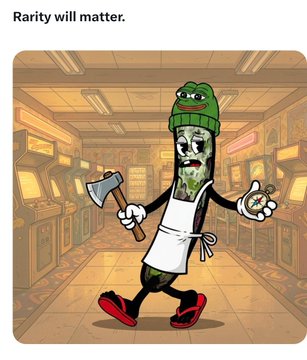A cartoon NFT-style character image with the caption 'Rarity will matter.' depicting a green bean-like figure wearing a beanie, apron, and red shoes, holding an axe and what appears to be a fish, walking through a futuristic corridor.