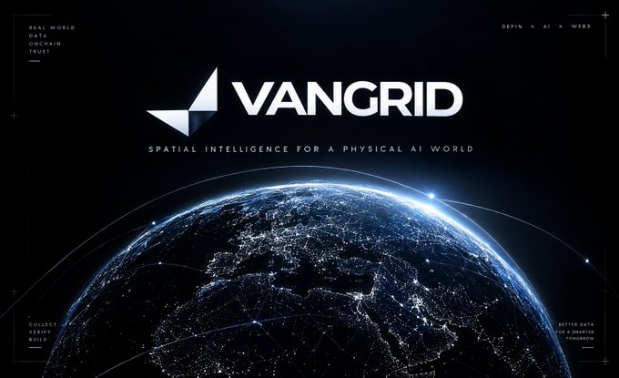 VANGRID promotional banner with the tagline 'SPATIAL INTELLIGENCE FOR A PHYSICAL AI WORLD' displayed over an image of Earth showing city lights.