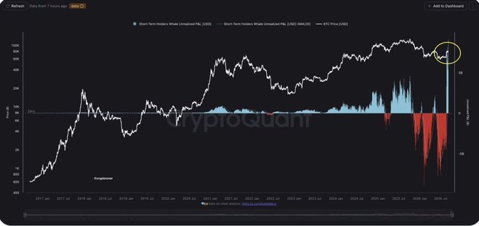 A CryptoQuant chart titled 'Short-Term Holders' Whales Unrealized P&L (USD)' showing price trends from 2017 to 2026, with a yellow circle highlighting recent values around $900.