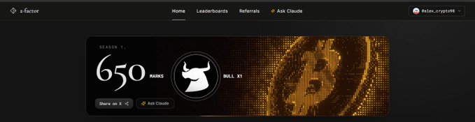 A webpage header for 'z-factor' showing a leaderboard for user '4e1er_crypto88' at rank 650 in Season 1, with a horned logo and options for 'Home', 'Leaderboards', 'Referrals', and 'Ask Claude'.