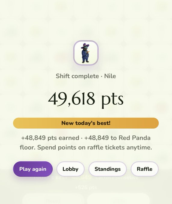 A mobile game screen showing 'Shift complete · Nile' with a new personal best score of 49,618 points, including 48,849 points earned toward the Red Panda, with options to Play again, view Lobby, Standings, or Raffle.