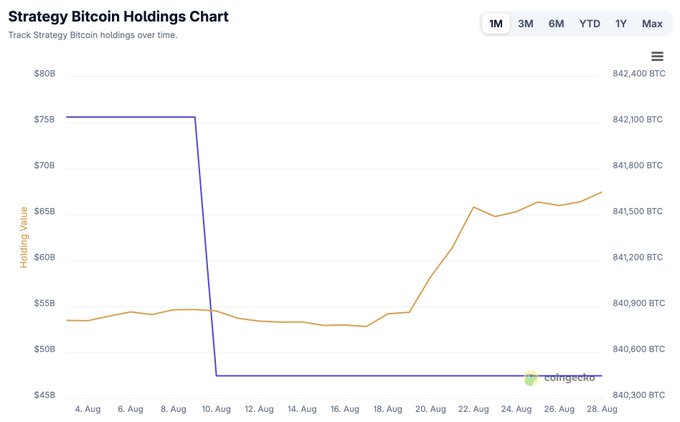 A 'Strategy Bitcoin Holdings Chart' from Coingecko tracking Bitcoin holdings and value in dollars over August, showing a sharp drop around August 10 and a subsequent rise to approximately $67B and 841,500 BTC by August 28.