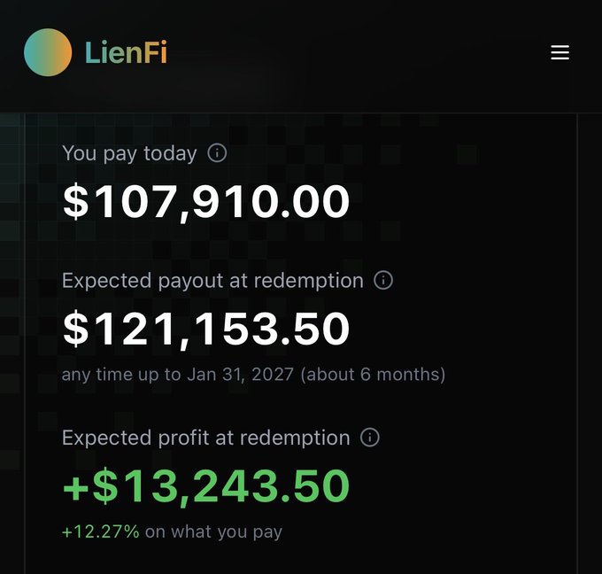 The image shows a LienFi financial dashboard displaying a transaction summary with a payment of $107,910.00 today, an expected payout of $121,153.50 at redemption by January 31, 2027, yielding a projected profit of $13,243.50 (+12.27%). This relates to the post about investing the equivalent cost of an April 2023 Bored Ape Yacht Club NFT into a LienFi yield product for approximately 6 months.