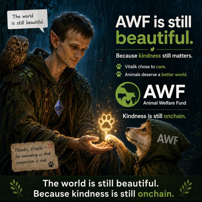 AI-generated promotional image styled after fantasy art, depicting an elf-like figure labeled "Vitalik" with an owl and a dog wearing an "AWF" cloak. Text reads: "AWF is still beautiful. Because kindness still matters. Vitalik chose to care. Animals deserve a better world." and "The world is still beautiful. Because kindness is still onchain."