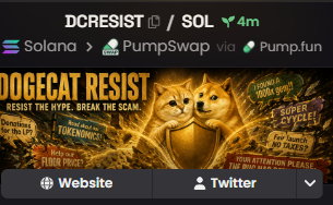 A promotional graphic for the memecoin "DOGECAT RESIST" on the Solana blockchain, listing the ticker $DCRESIST and showing it is available via PumpSwap and Pump.fun, with chaotic meme imagery and text like "RESIST THE HYPE. BREAK THE SCAM."