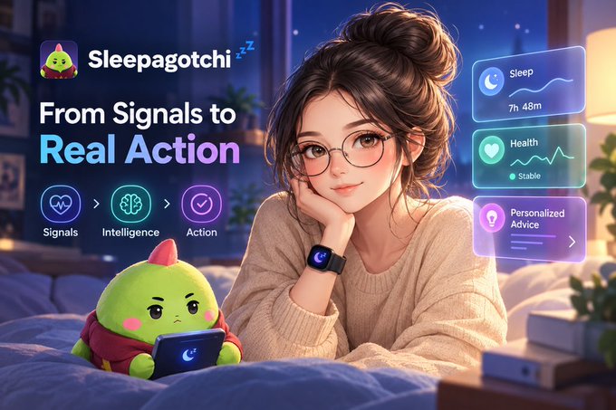 An advertisement for an app called Sleepagotchi featuring an illustrated woman and a green creature, with the tagline 'From Signals to Real Action' and stats for Sleep and Health.