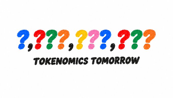 The image features a row of ten colorful question marks (in blue, red, green, orange, yellow, pink, and back to blue, red, green, orange) above the bold text "TOKENOMICS TOMORROW." This visual teaser plays on the $MASSIVE tokenomics drop announcement, with the multiple question marks symbolizing the mystery and speculation around the project's upcoming supply reveal.