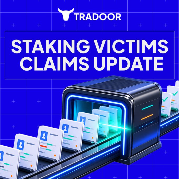 A promotional graphic for TRADOOR with a blue background displays the headline 'STAKING VICTIMS CLAIMS UPDATE' above an image of ID cards moving through a scanner on a conveyor belt.